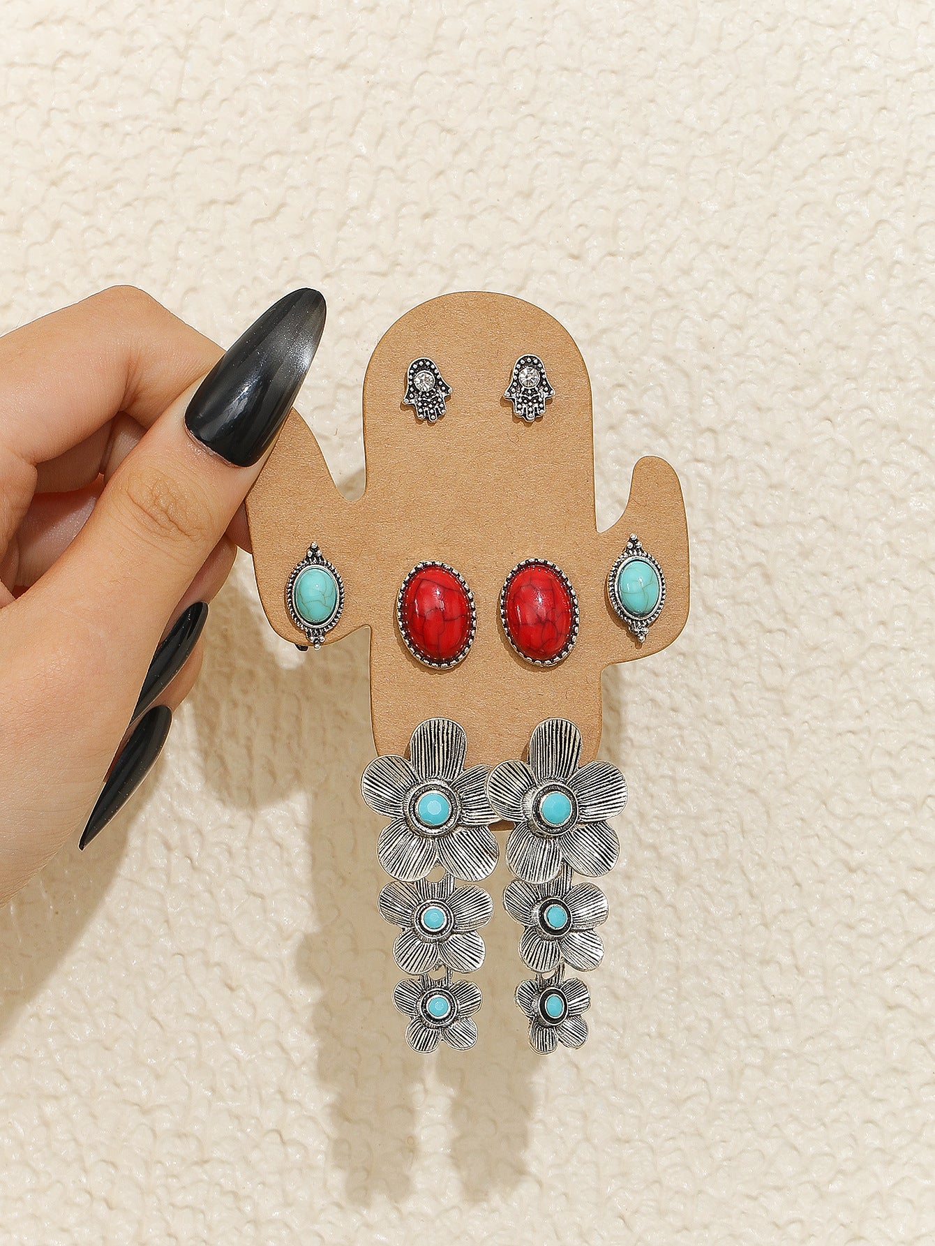 Wholesale 4 Pairs Blue Vintage Bohemian Ethnic Earrings Alloy Electroplated Stylish Jewelry Accessory For Party And Everyday Wear