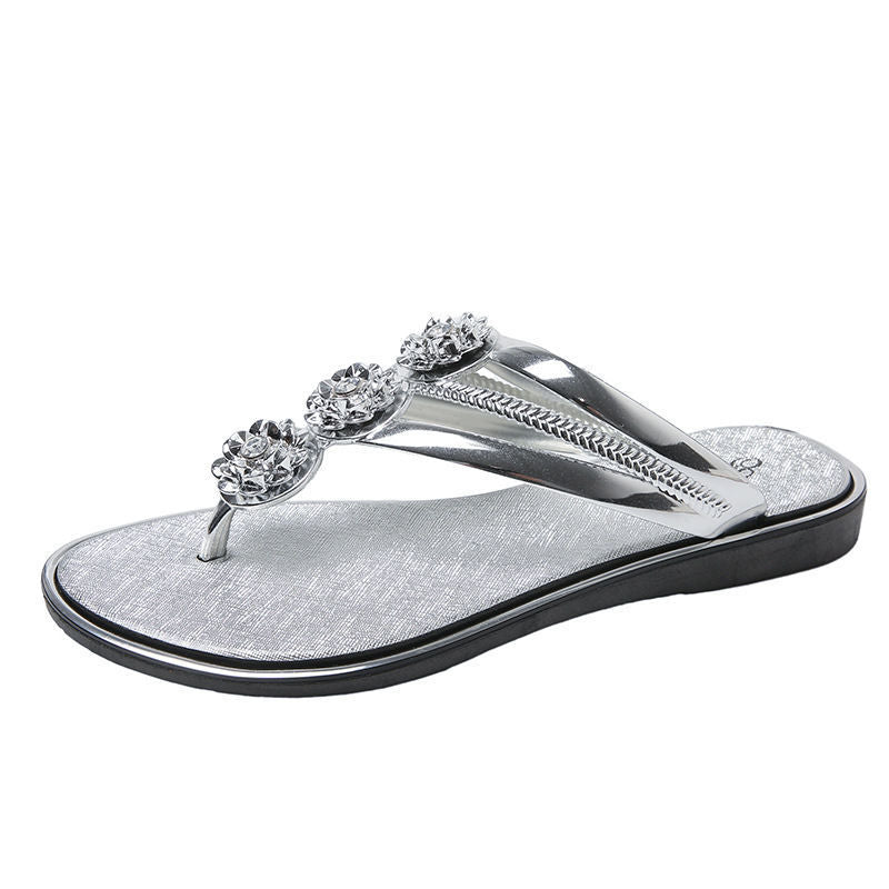 Wholesale Women's Summer Flat Bottom Three Flowers with Diamond silver Beach Sandals