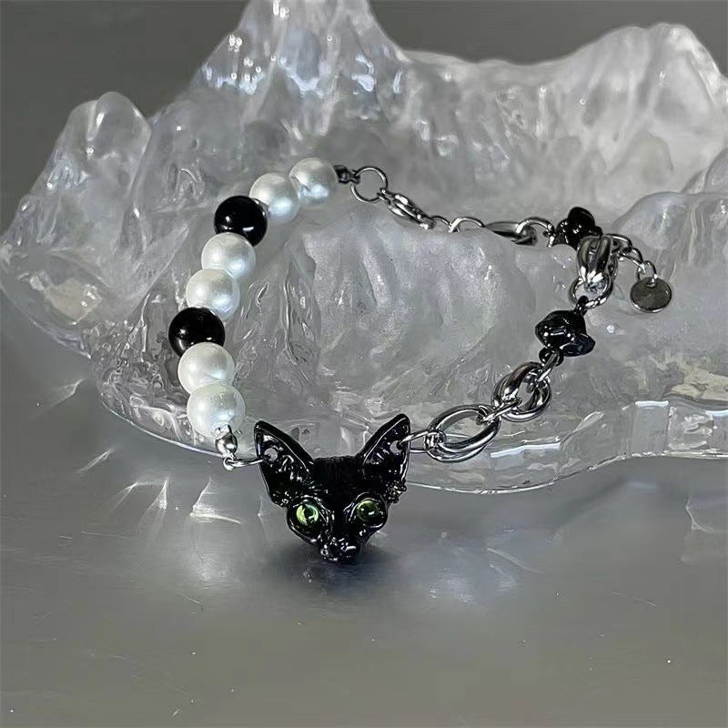 Wholesale Black Cat Pearl Beads Titanium Steel Alloy Bracelet
