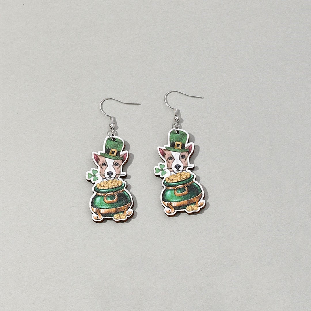 Wholesale St.  Patrick' s Day animal lucky grass rainbow wooden earrings