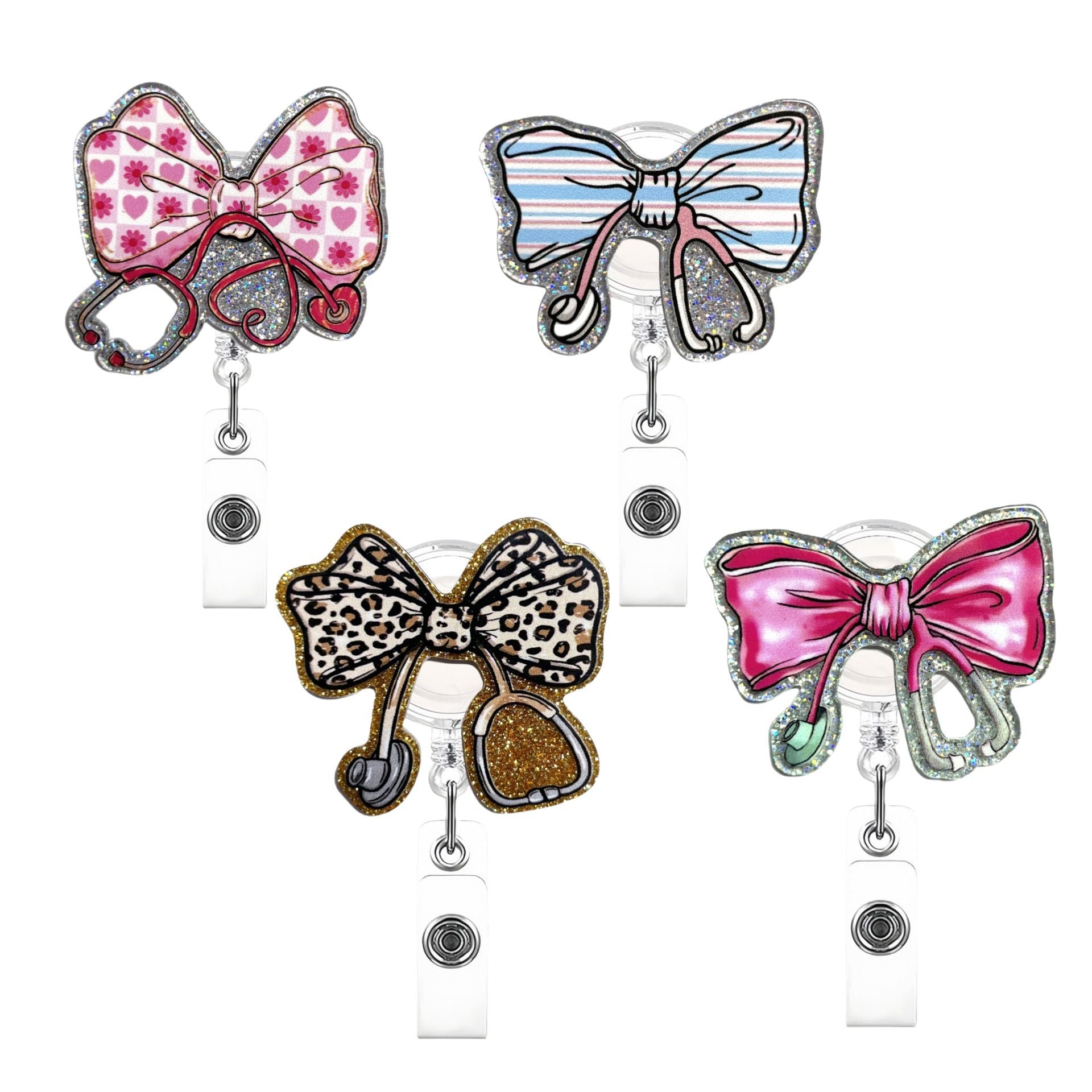 Wholesale new glitter acrylic bow stethoscope telescopic easy-pull buckle creative medical nurse badge clip