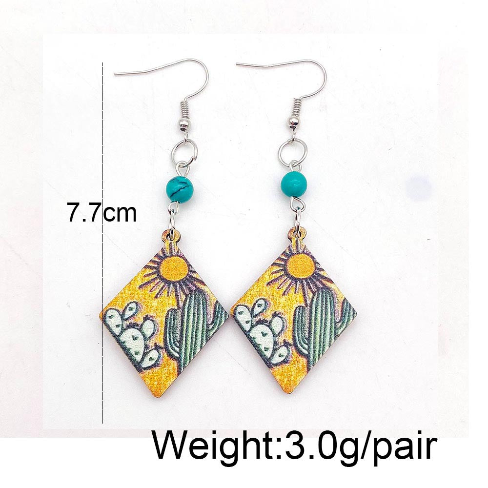 Wholesale Wooden Cactus Sunset Geometric Earrings Western Style Turquoise Bead Pendant Handmade Fashion Accessory For Everyday Wear