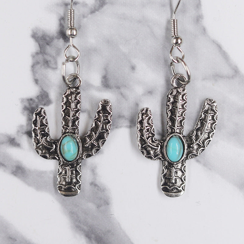 Wholesale Western Distressed Cowboy Style Alloy Turquoise Sunflower Cactus Retro Ethnic Flower Earrings