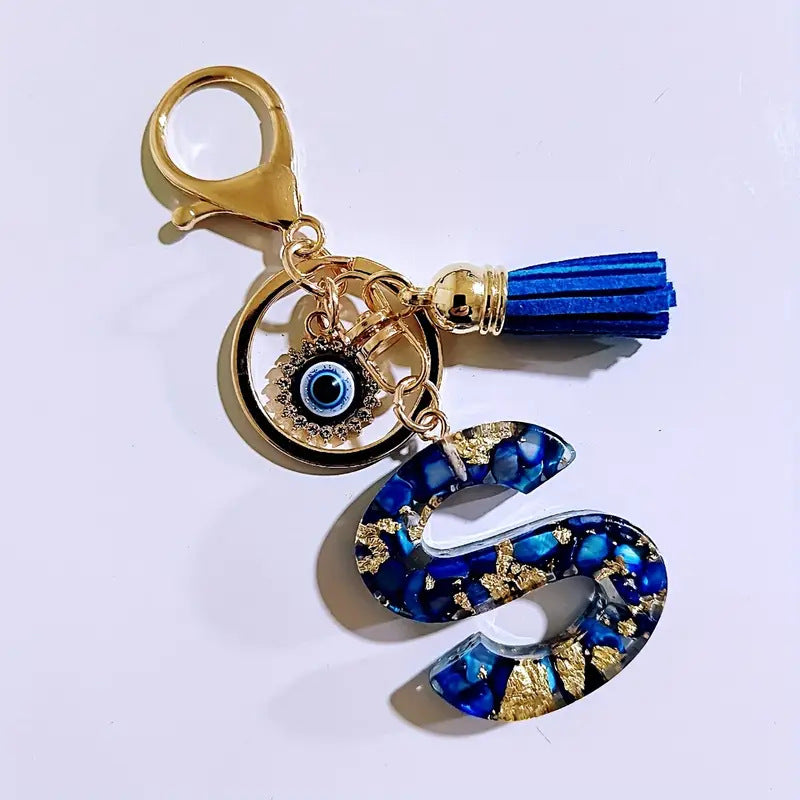 Wholesale Blue English letter Evil Eye tassel keychain