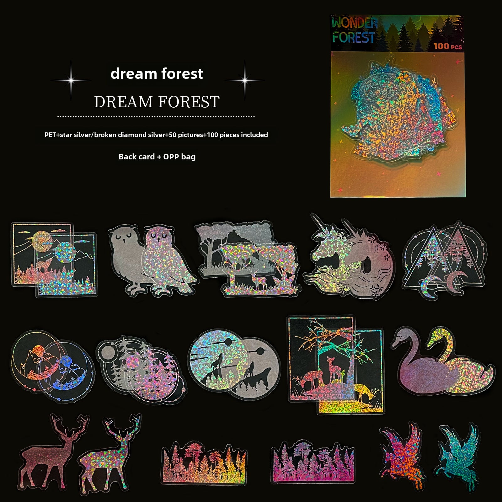 Wholesale 100pcs transparent laser stickers PET creative diy retro laser notebook holographic stickers