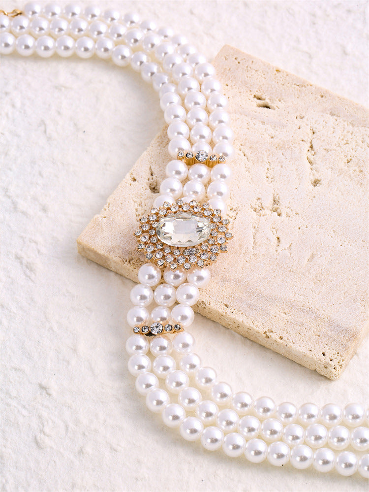 Wholesale Crystal Studded Diamond Multiple Row Choker Pearl Necklaces