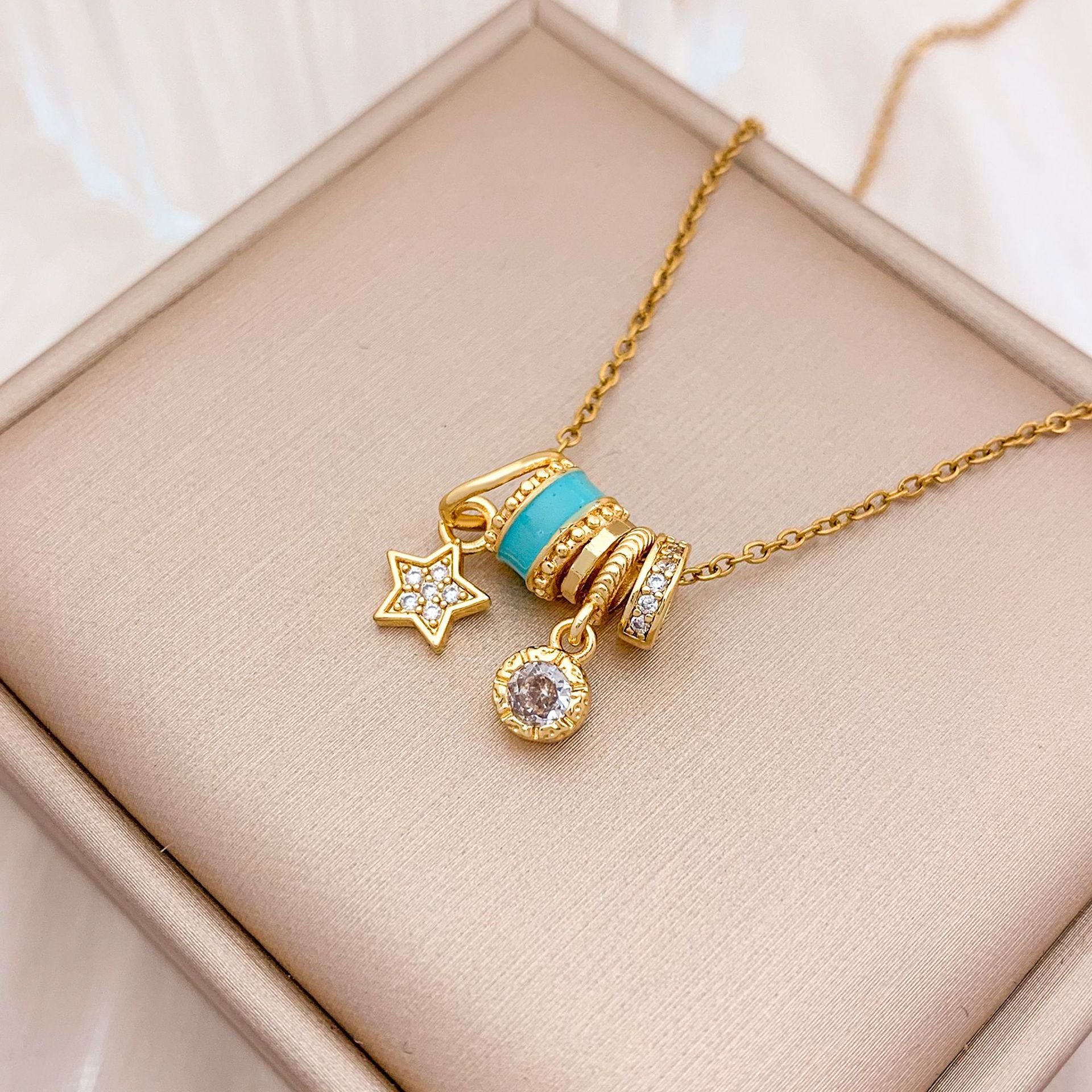 Wholesale Square Ice Cream Color Titanium Steel Necklace Luxury Micro-Paved Zircon Temperament  Accessory