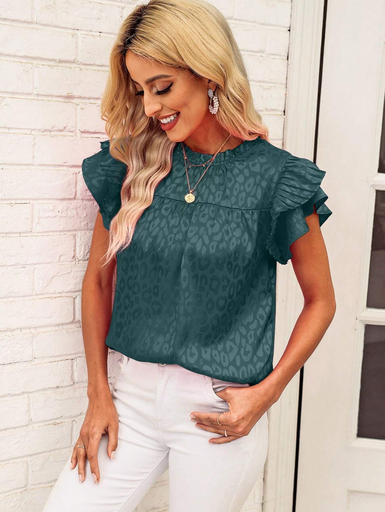 Wholesale Fashion Versatile Printed Ruffle Sleeve Wave Neck Top