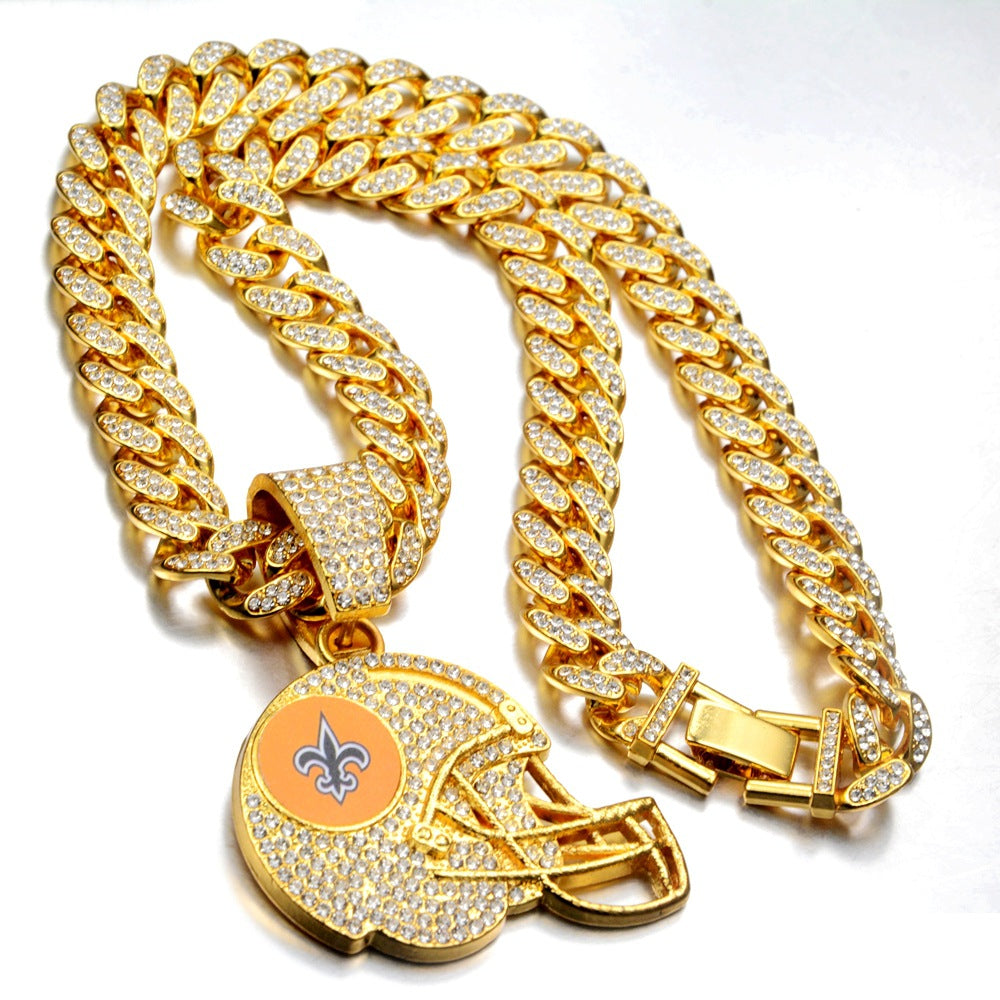 Wholesale Gold Tone Rhinestone Football Helmet Pendant Necklace Zinc Alloy Cuban Chain Trendy Boutique Jewelry Accessory