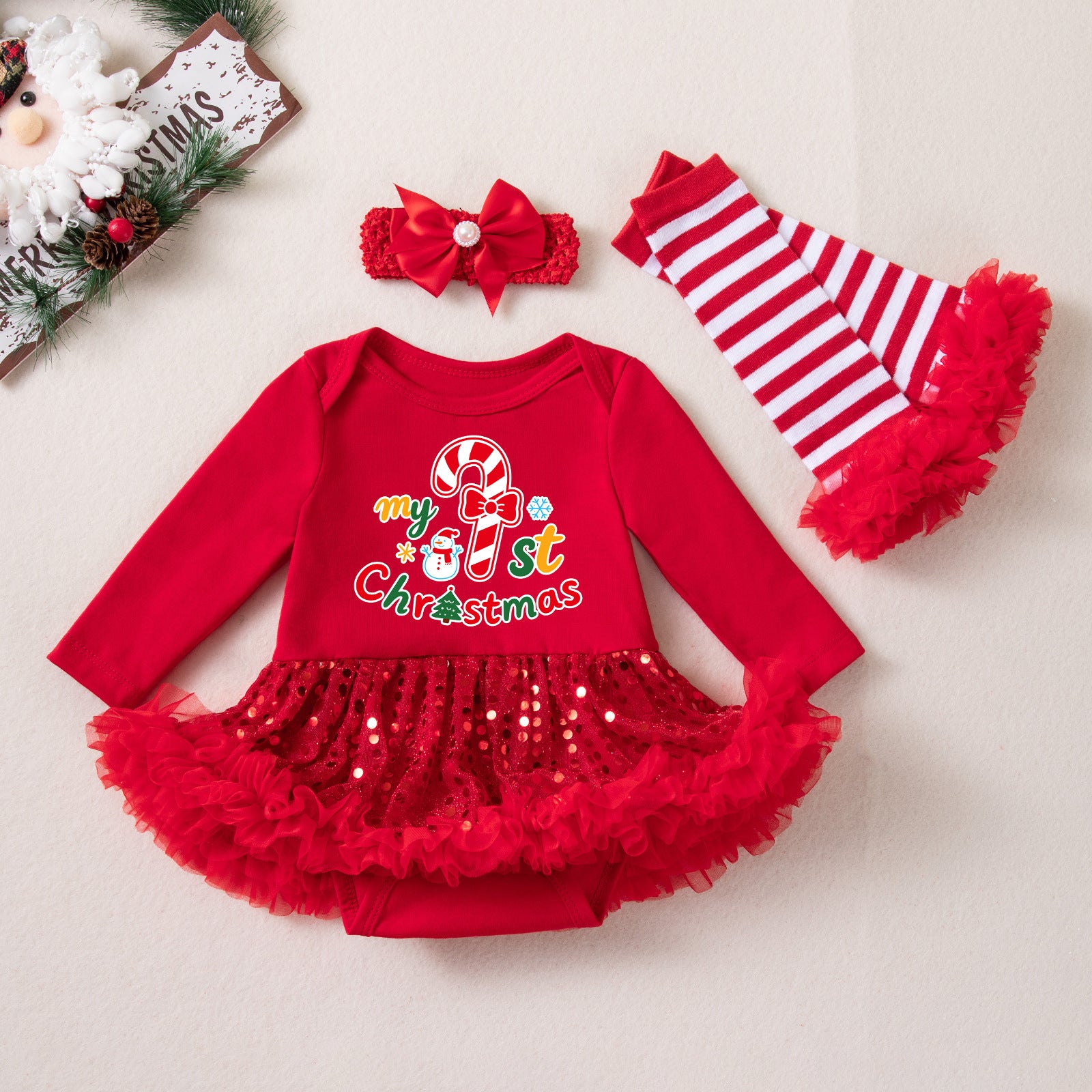 Wholesale Red Long Sleeve Sequin Tulle Baby Girl Christmas Dress Set With Hairband Leg Warmers Boutique Holiday Outfit