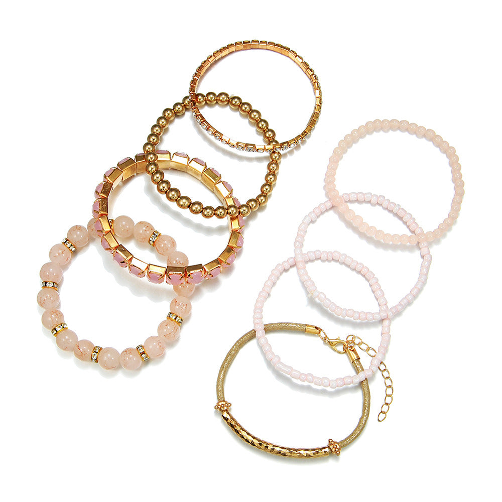 Wholesale Bohemian Turquoise Round Beads Vintage Elastic Rhinestone Rice Beads Bracelet Set