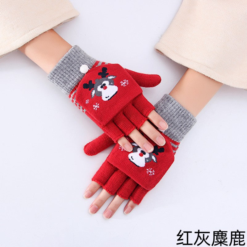 Wholesale Christmas Winter Half Finger Flip-up Cold-proof Warm Knitted Gloves