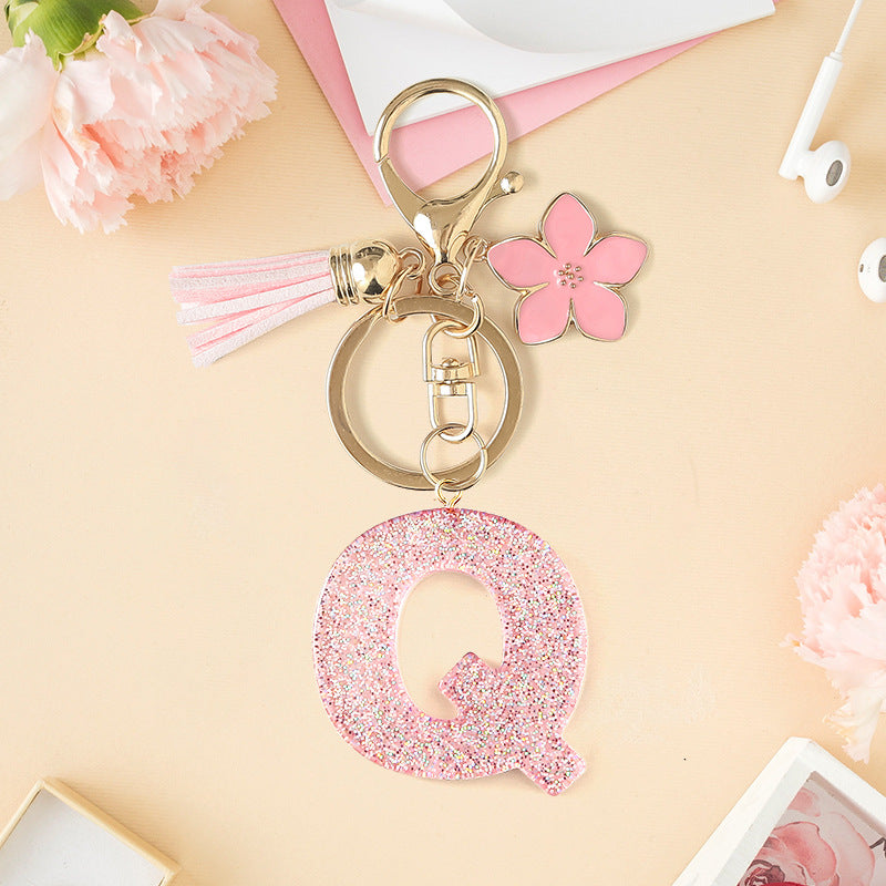 Wholesale Pink 26 letter Sparkling Pink Flower Tassel Keychain