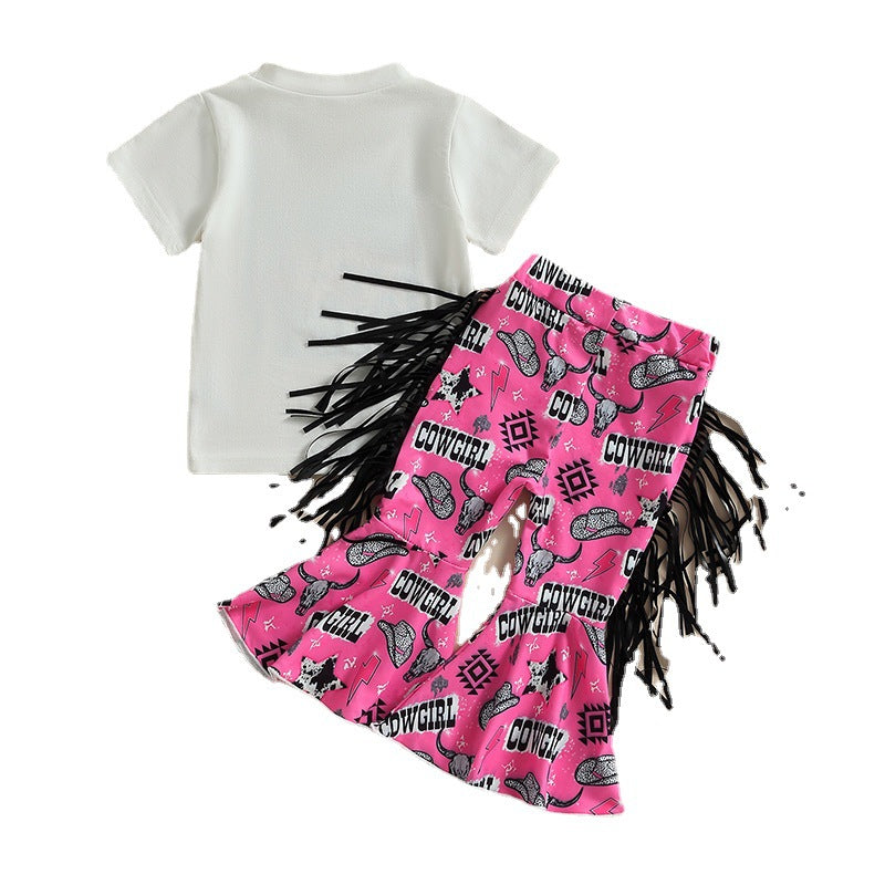 Wholesale Cotton Children's Letter Hat T-shirt Plum Color Tassel Bell Pants Suit