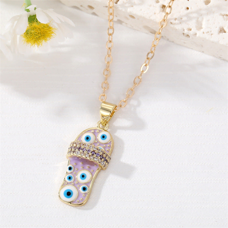 Wholesale Micro Paved Color Zircon Oil Drip Slipper Pendant Alloy Necklaces