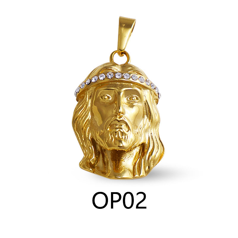 Wholesale Gold long haired portrait diamond studded stainless steel pendant