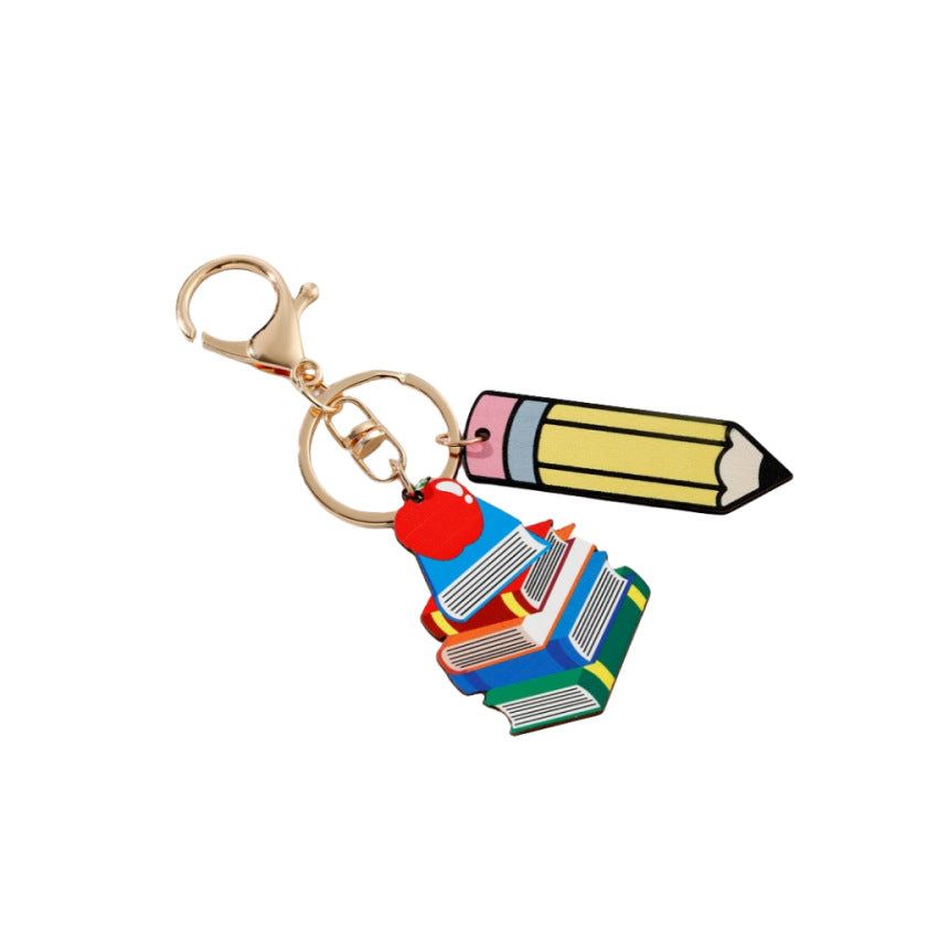 Wholesale Teacher' s Day Rainbow Pencil Wooden Label Tassel Keychain