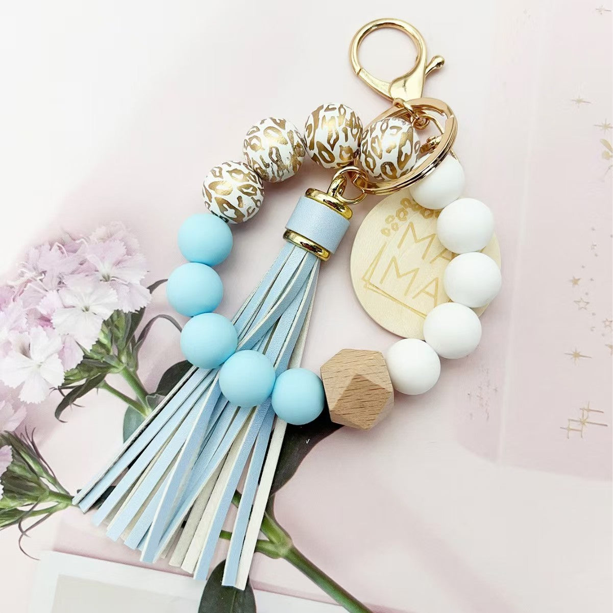 Wholesale Chic Purple Silicone Bead Tassel Keychain Bag Charm With Wooden MAMA Pendant Casual Gift For Couple Car Key Accessory Resale
