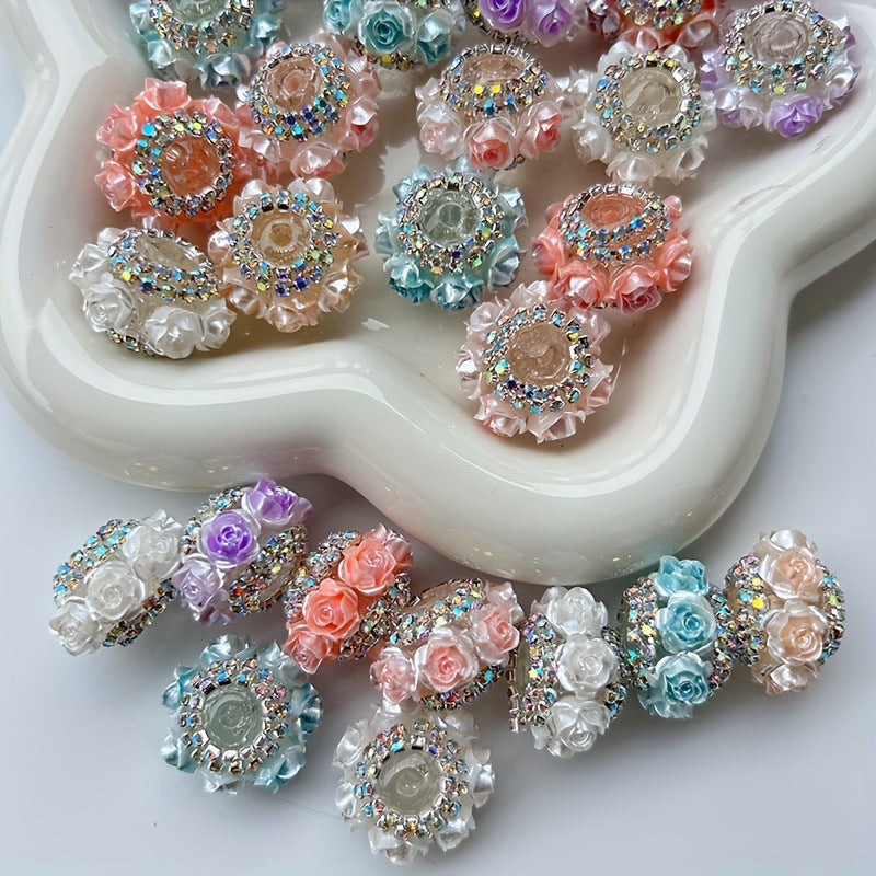 Wholesale 10pcs Pearlescent Camellia Rose with Diamond Acrylic Beads