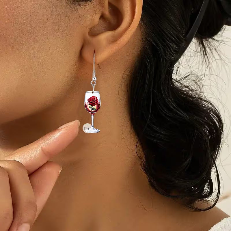 Wholesale Red wine glass and red rose earrings flat acrylic earrings