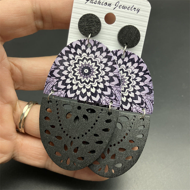 Wholesale Retro Exaggerated Wood Print Hollow Earrings