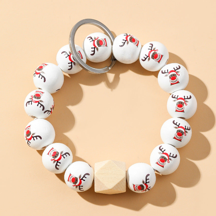 Wholesale Christmas Elk Wooden Bead Bracelet Keychain