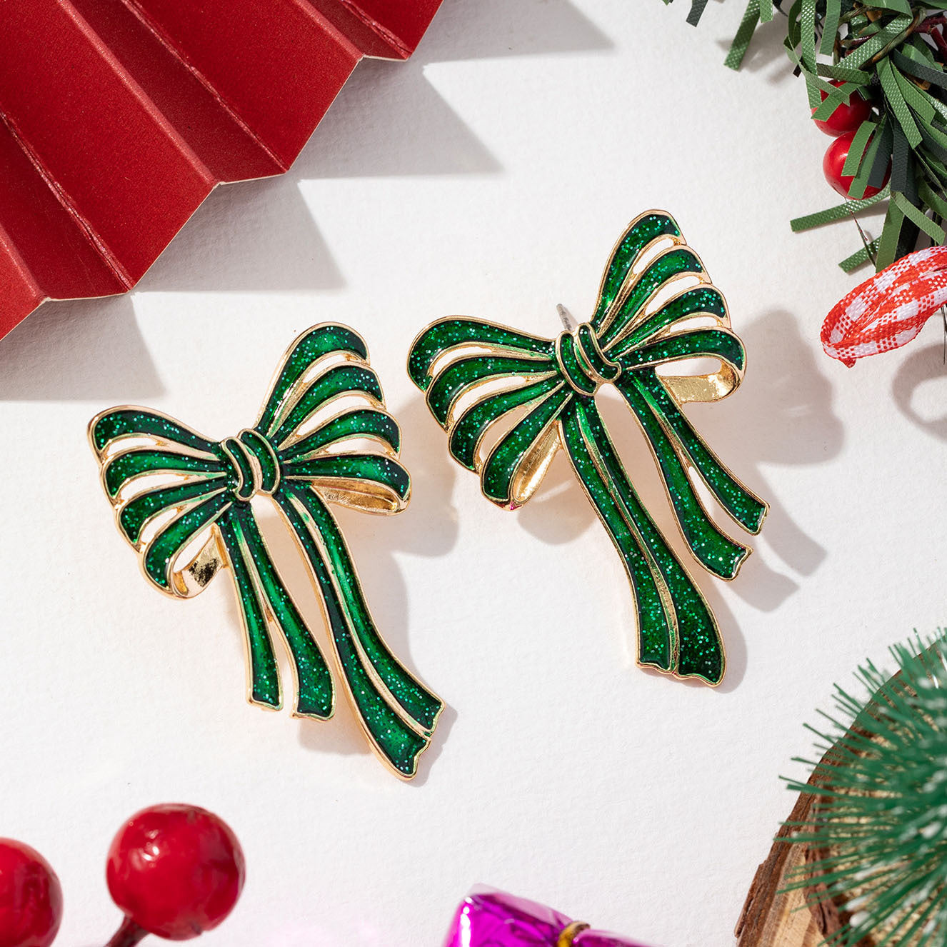 Wholesale Christmas Earrings with Bow Red Green Glitter Pink Alloy Earrings