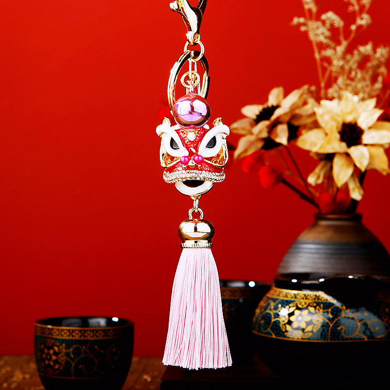 Wholesale Metal Chinese Style Lucky Lion Head Tassel Car Keychain Sapphire Blue Rhinestone Gift For Men Women
