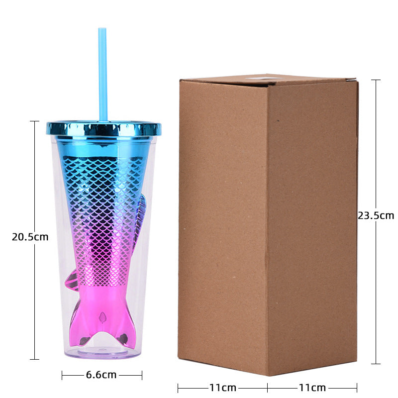 Wholesale Double-layer Plastic Cup Creative Gradient Mermaid Tail Colorful Sequin Straw Water Cup