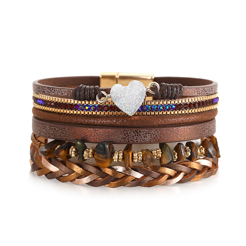 Wholesale Love Retro Hand-woven Leather Multi-layer Diamond-encrusted Ethnic Style Gravel Bracelet