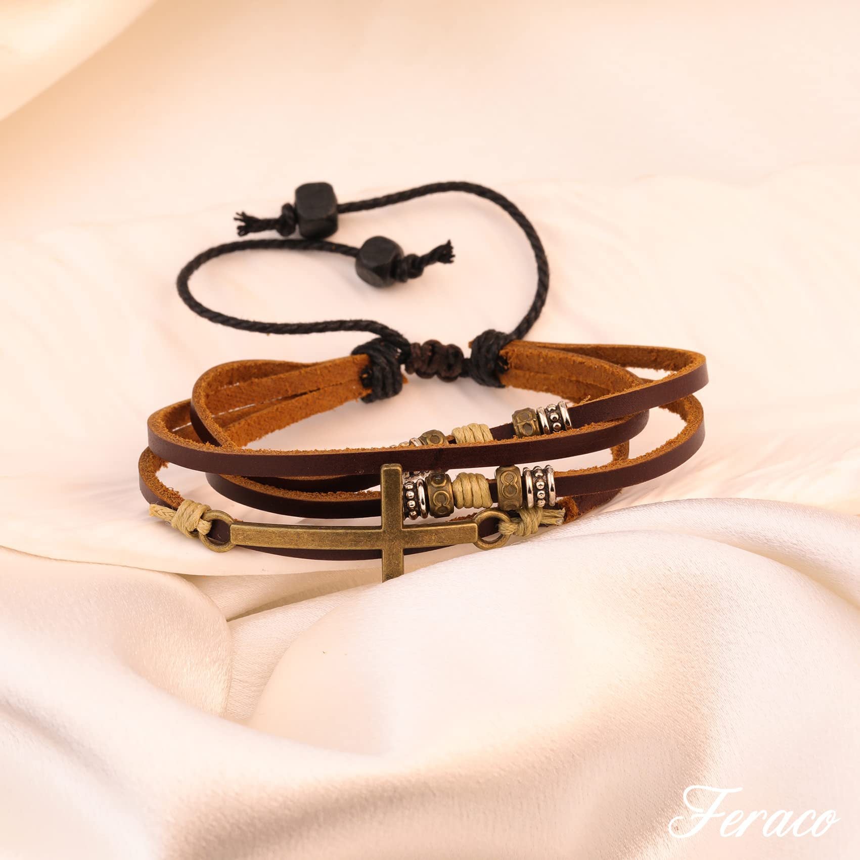 Wholesale Women's Multi-layer Braided Leather Bracelet Religious Gift Black Wooden Beads Vintage Cross Brown Leather Bracelet