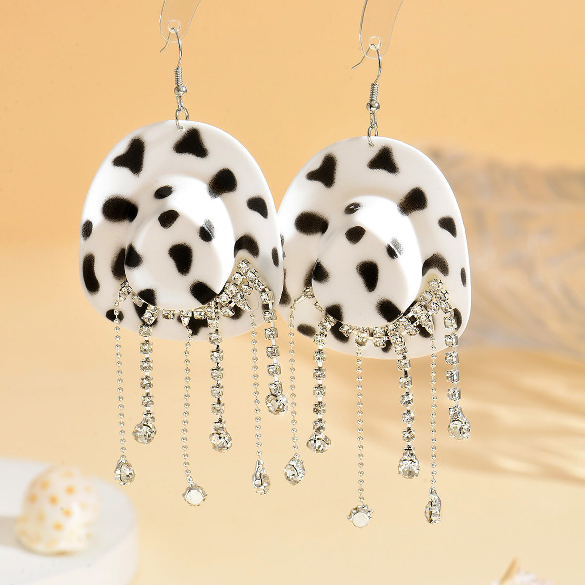 Wholesale Exaggerated rhinestone earrings hip-hop cowboy hat diamond tassel ear hooks