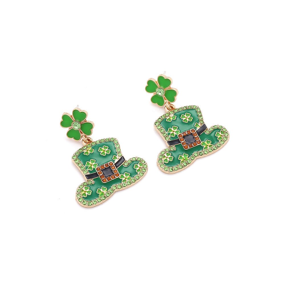 Wholesale St. Patrick's Clover Hat Alloy Oil Drop Diamond Earrings
