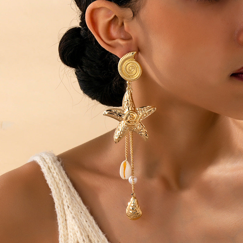 Wholesale Fashion Alloy Starfish Conch Earrings Bohemian Imitation Pearl Long Tassel Jewelry Accessory