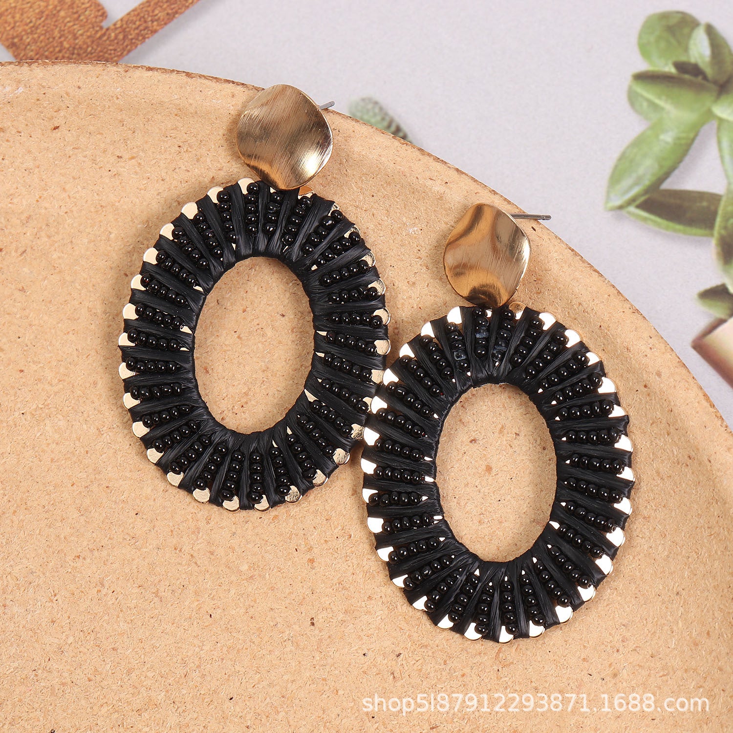 Wholesale Exaggerated Woven Rice Beads Geometric Raffia Earrings