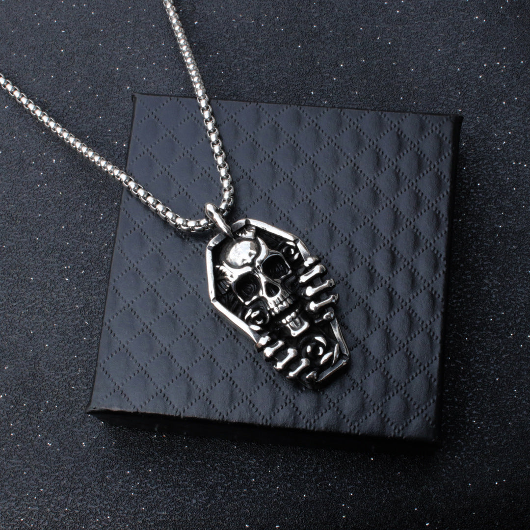 Wholesale Punk Retro Skull Coffin Pendant Necklace Stainless Steel Gothic Fashion Accessory For Gift And Layering