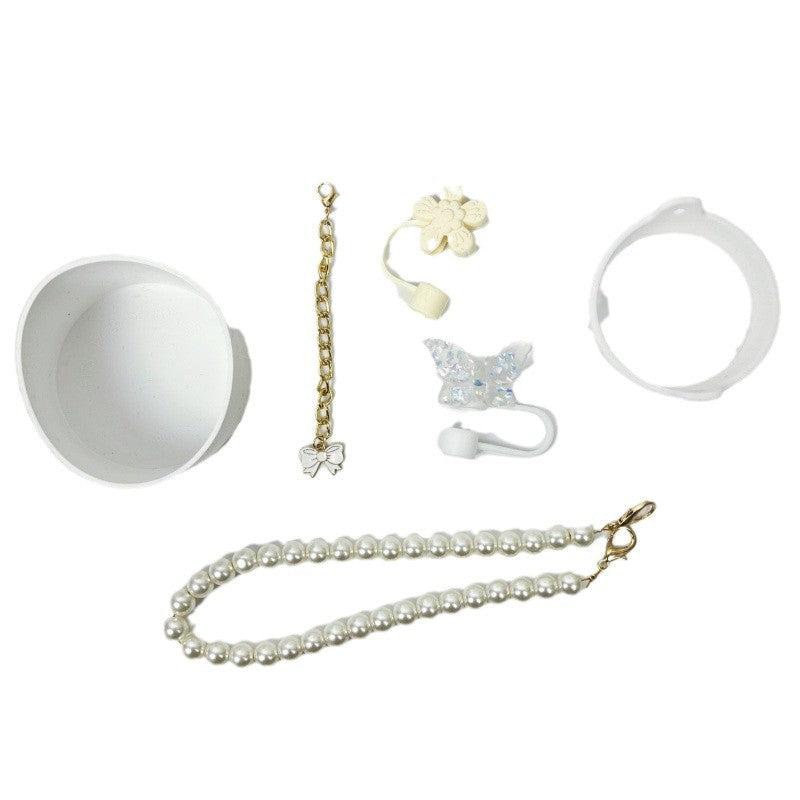 Wholesale 6pcs/pack silicone cup cover,  protective cover,  straw cap,  decorative lanyard,  pearl hand rope