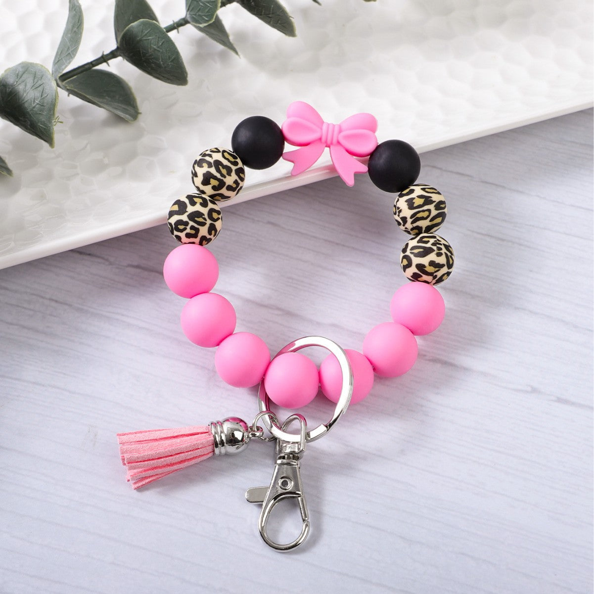 Wholesale Colorful Bow Leopard Print Silicone Beaded Tassel Bracelet Keychain