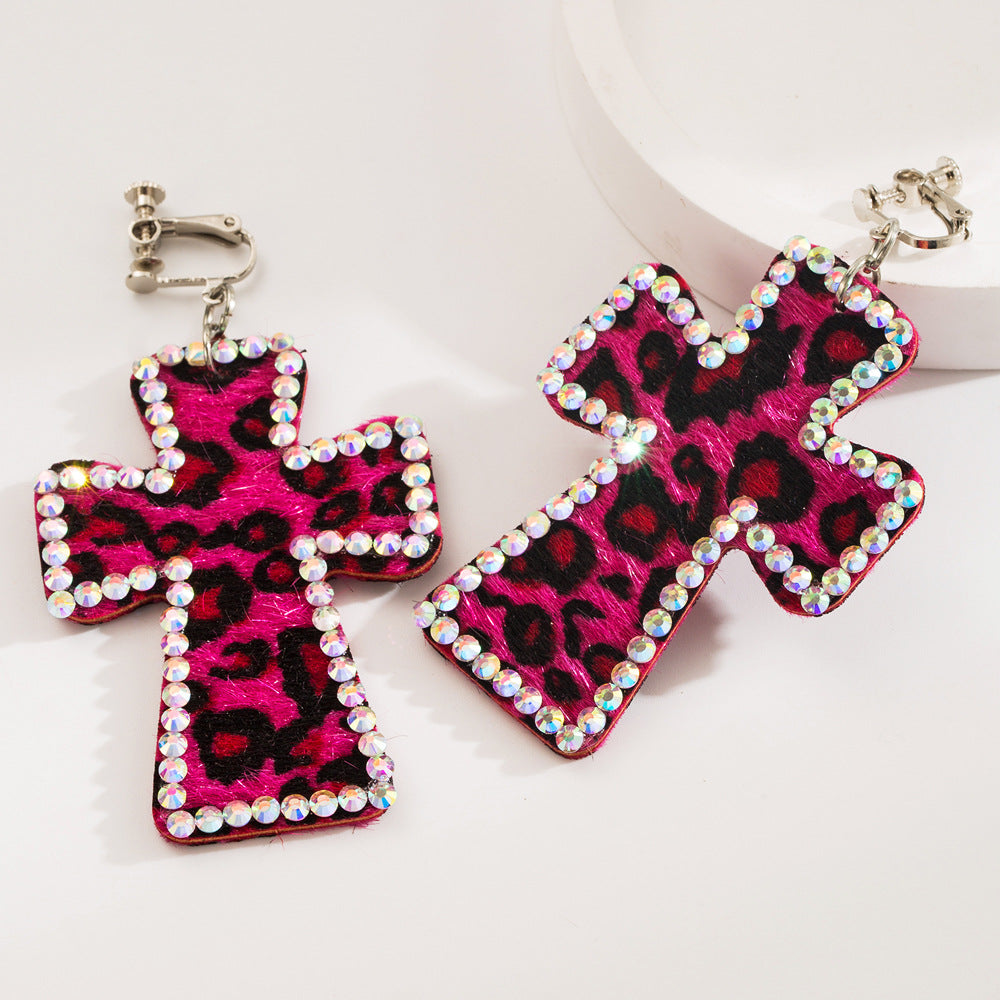 Wholesale Exaggerated cross leather leopard print earrings