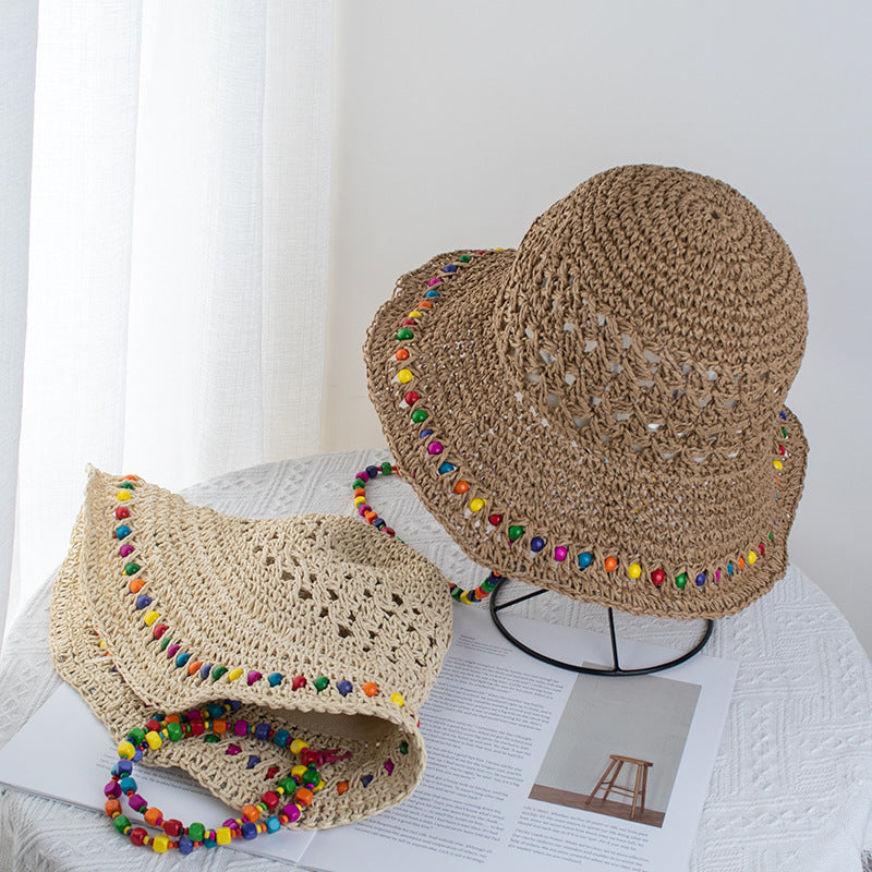 Wholesale Colorful wooden bead straw foldable beach sun protection bucket hat