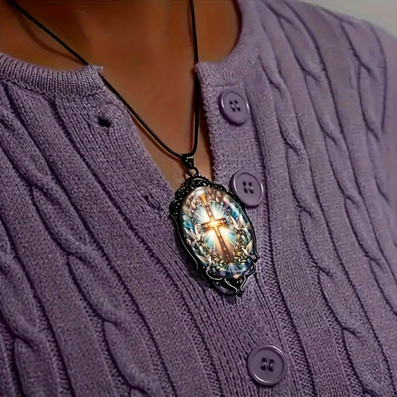 Wholesale Cross Pattern Black Frame Glass Necklace