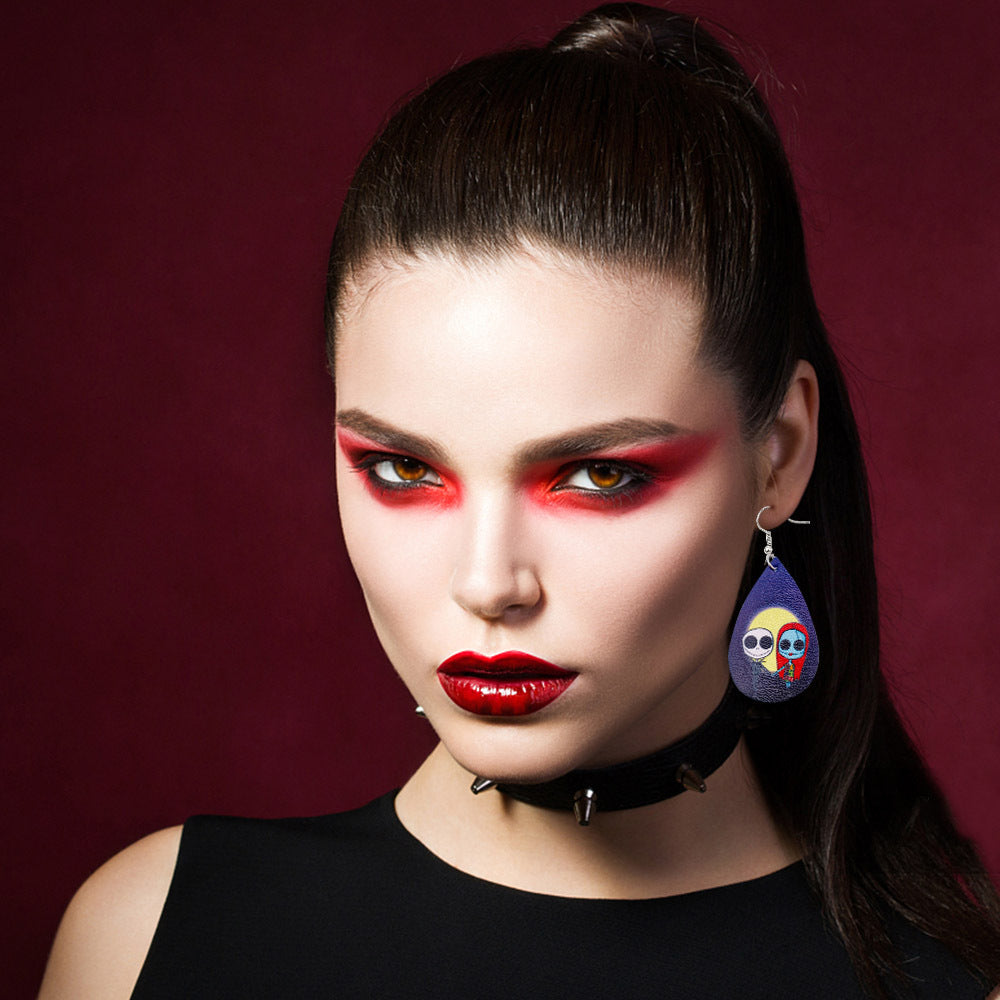 Wholesale Horror Christmas Skull Print Water Droplet Shaped PU Leather Earrings