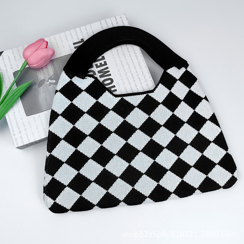 Wholesale Small solid color diamond woven bag, waffle texture knitted bag, checkerboard shoulder bag