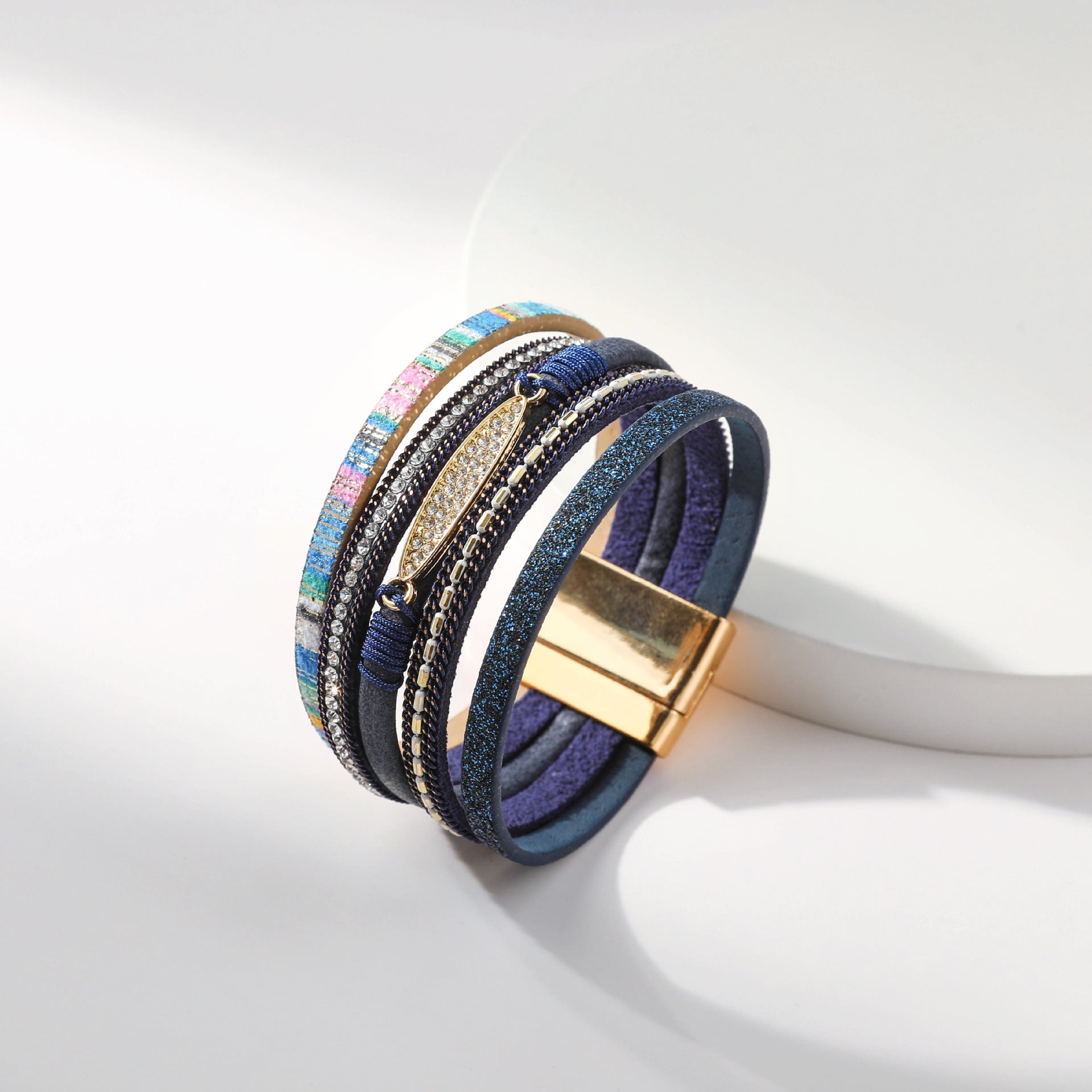 Wholesale Bohemian Ethnic Style Diamond Colored Magnetic Buckle Leather Bracelet