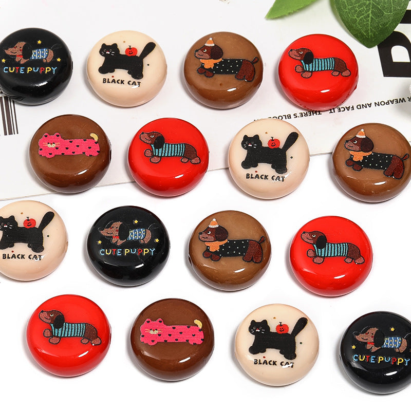 Wholesale 50pcs 22mm Acrylic Round Cake Cartoon Sausage Dog Black Cat Print DIY Beads
