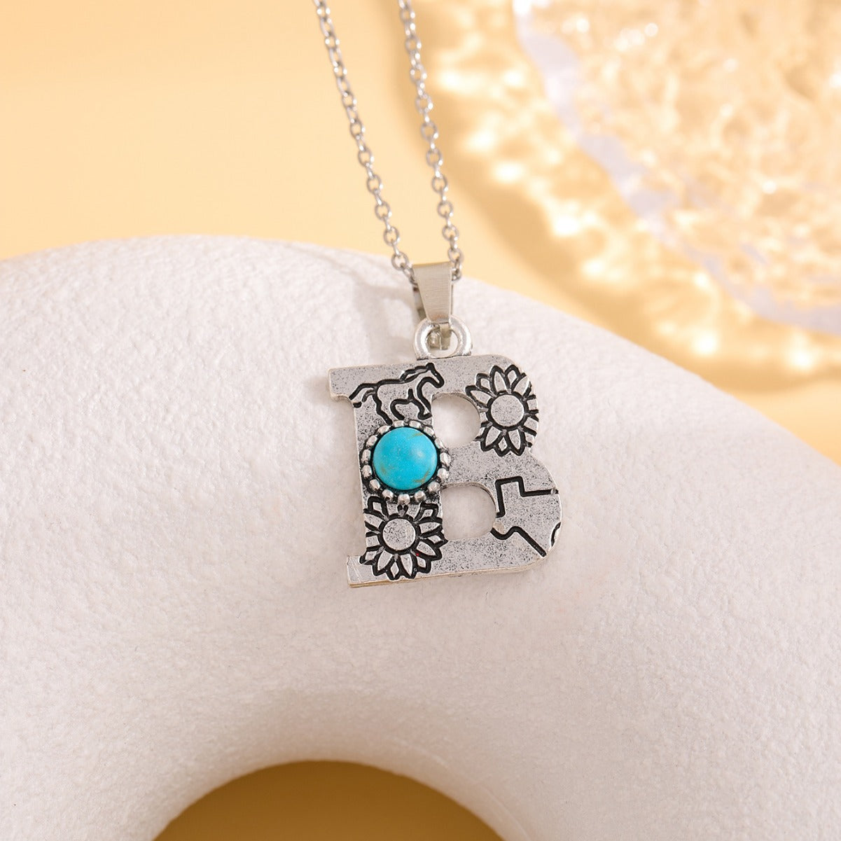 Wholesale Western stainless steel chain cactus turquoise letter necklace