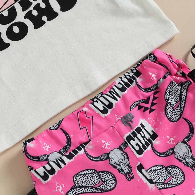 Wholesale Cotton Children's Letter Hat T-shirt Plum Color Tassel Bell Pants Suit