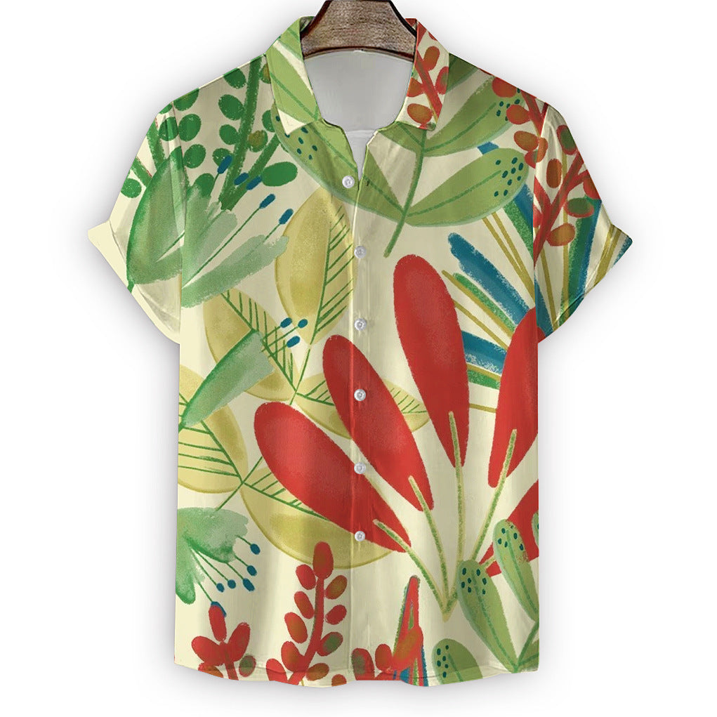 Wholesale Men's Beach Shirt 3D Digital Printing Green Plant Short Sleeve Tops