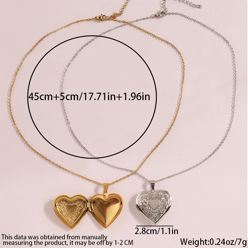 Wholesale Stainless steel embossed peach heart frame box necklace