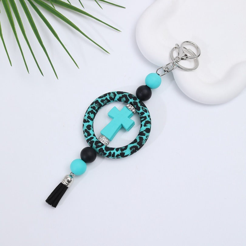Wholesale Silicone Circle Beaded Ring Cross Printed Keychain
